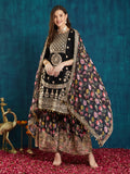 Black Floral Embroidered Kurta Palazzo Set with Dupatta