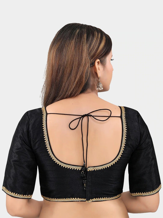 Black Elbow Sleeve Round Neck Readymade Saree Blouse with Golden Lace