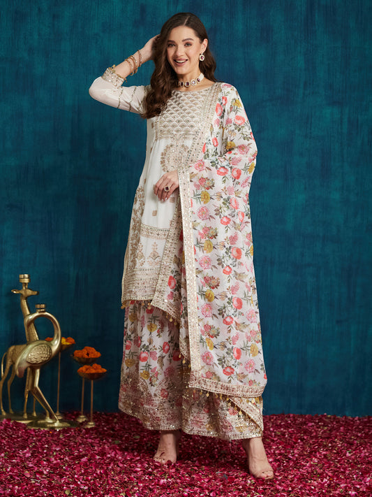Ivory Floral Embroidered Kurta Palazzo Set with Dupatta