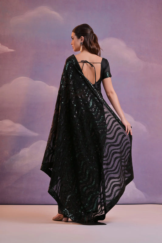 Woman in a black saree with a zebra pattern against a cloud-themed backdrop Glanzavi