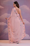 Pastel Pink Georgette Saree with Hand-Embroidered Floral Border – Graceful Ethnic Elegance