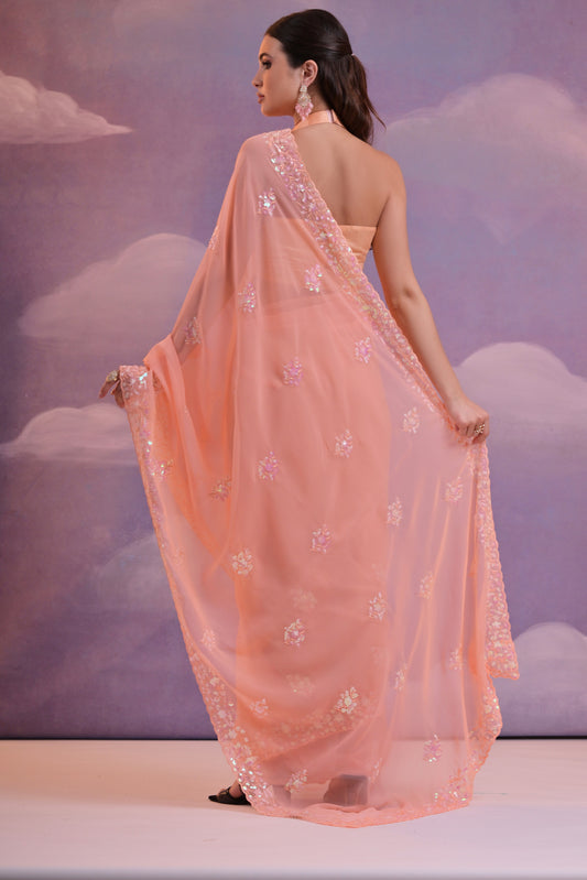 Peach Blossom Georgette Saree with Hand Embroidered Sequin Detailing