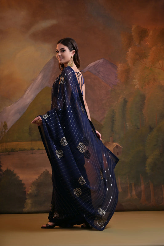 Woman in a blue saree with a scenic background Glanzavi
