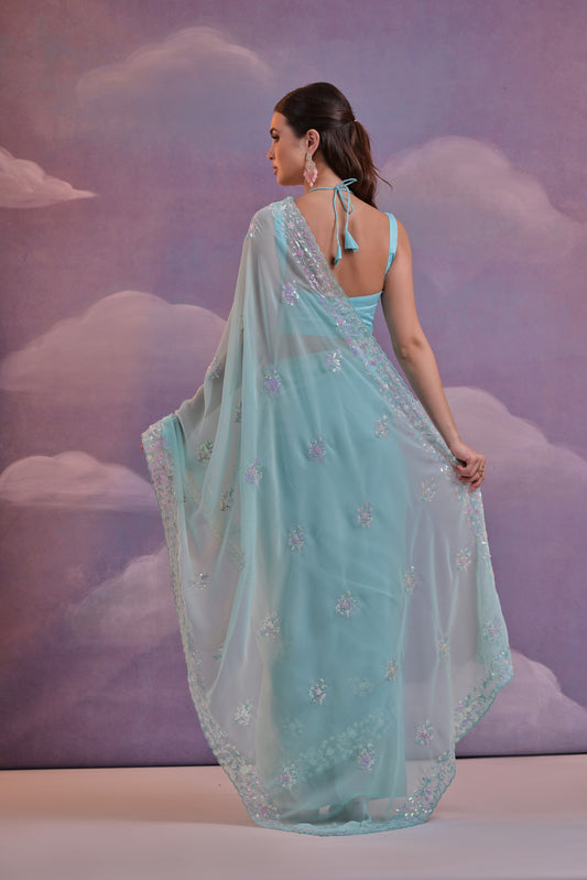 Pastel Blue Embellished Georgette Saree with Floral Sequin Work