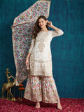 Ivory Floral Embroidered Kurta Palazzo Set with Dupatta