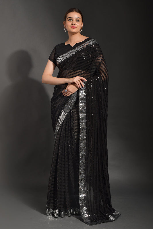 Midnight Muse Black Sequin Saree with Silver Border