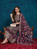 Plum Floral Embroidered Kurta Palazzo Set with Dupatta