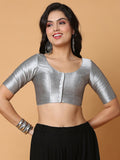 Silver Boat Neck Elbow Sleeve Readymade Saree Blouse in Silk Blend
