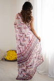 White & Multi Printed Saree with Scalloped Embellished Border