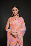 Peach-Orange Tie-Dye Georgette Saree with Mirror Cutdana Border