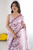 White & Multi Printed Saree with Scalloped Embellished Border