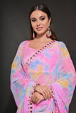 Pastel Pink-Blue Tie-Dye Georgette Saree with Mirror Lace Border