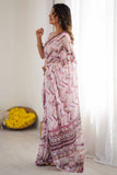 White & Multi Printed Saree with Scalloped Embellished Border
