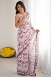 White & Multi Printed Saree with Scalloped Embellished Border