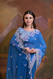 Royal Blue Georgette Saree with 3D Floral Embroidery – Elegant Evening Wear