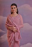 Rose Pink Floral Embellished Georgette Saree with Scallop Border