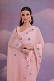 Pastel Pink Georgette Saree with Hand-Embroidered Floral Border – Graceful Ethnic Elegance