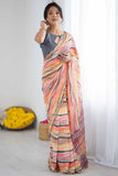 Orange & Multi Printed Saree with Scalloped Embellished Border
