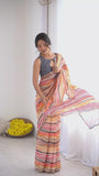 Orange & Multi Printed Saree with Scalloped Embellished Border