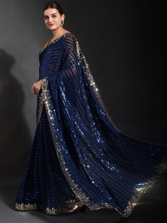 Royal Dusk Navy Blue Sequin Saree with Gold Border