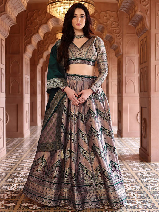 Aarvi Dusty Mauve & Bottle Green Banarasi Silk Lehenga Set with Zari Woven Patterns