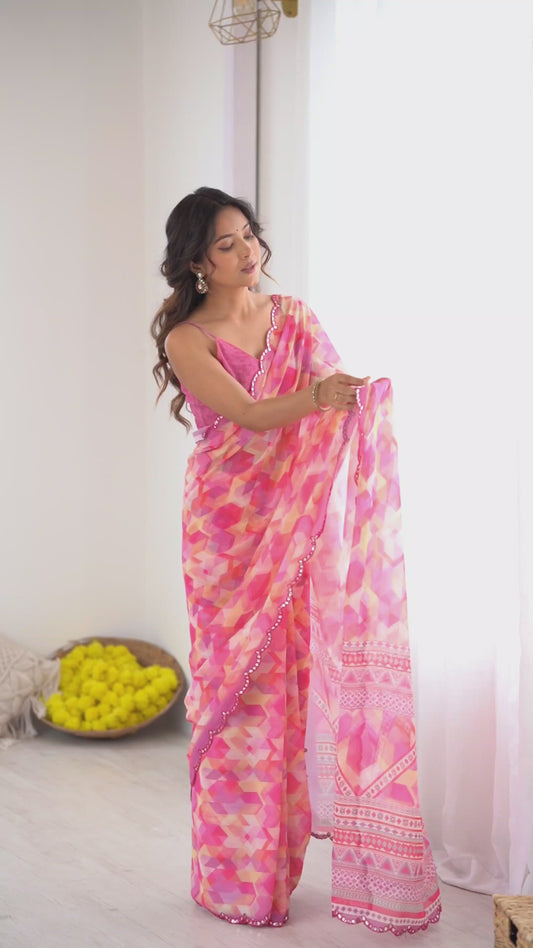 Pink & Multi Printed Saree with Scalloped Embellished Border