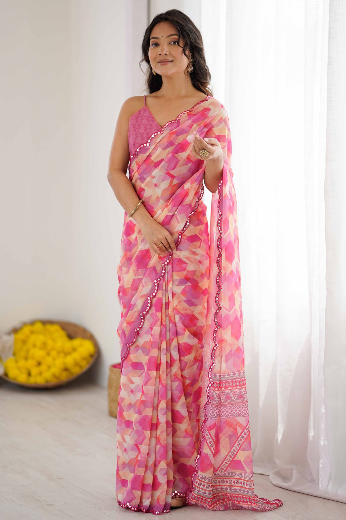 Pink & Multi Printed Saree with Scalloped Embellished Border