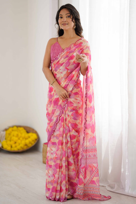Pink & Multi Printed Saree with Scalloped Embellished Border