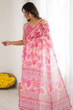 Pink & Multi Printed Saree with Scalloped Embellished Border