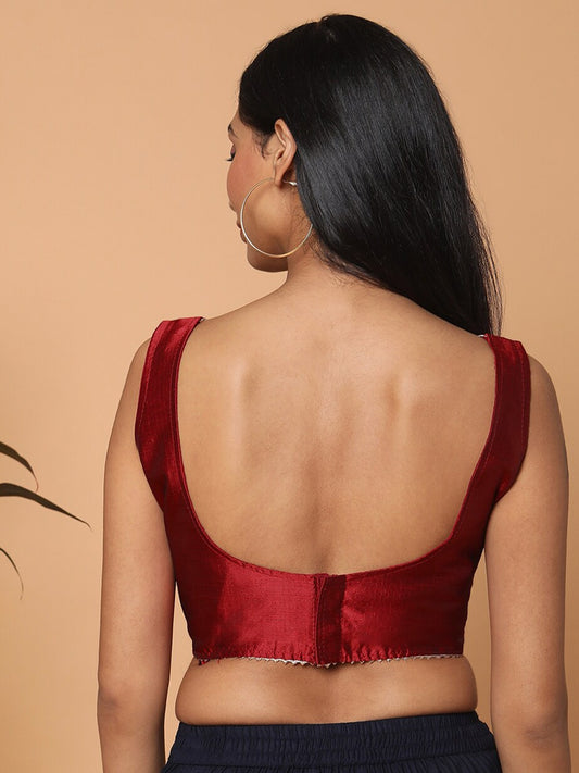 Maroon Sleeveless Square Neck Readymade Saree Blouse with Silver Lace