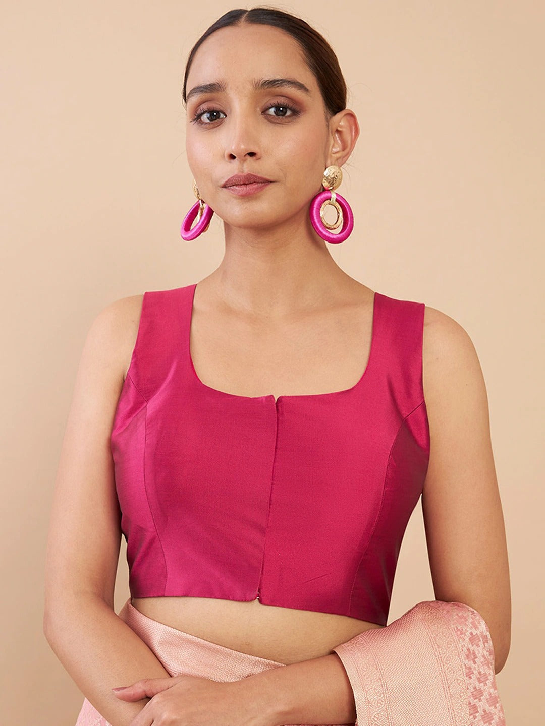 Women's Solid Silk Sleeveless Blouse Square Neck Festive Ethnic Wear