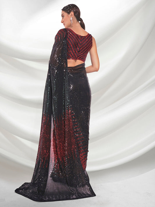 Galaxy Gleam Sequin Saree – Dual-Tone Red & Green with Black Sheer Pallu