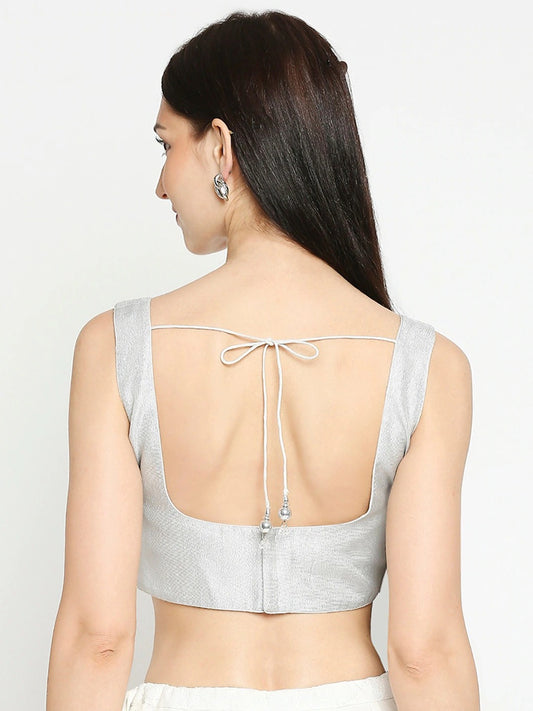 Silver Square Neck Sleeveless Readymade Saree Blouse