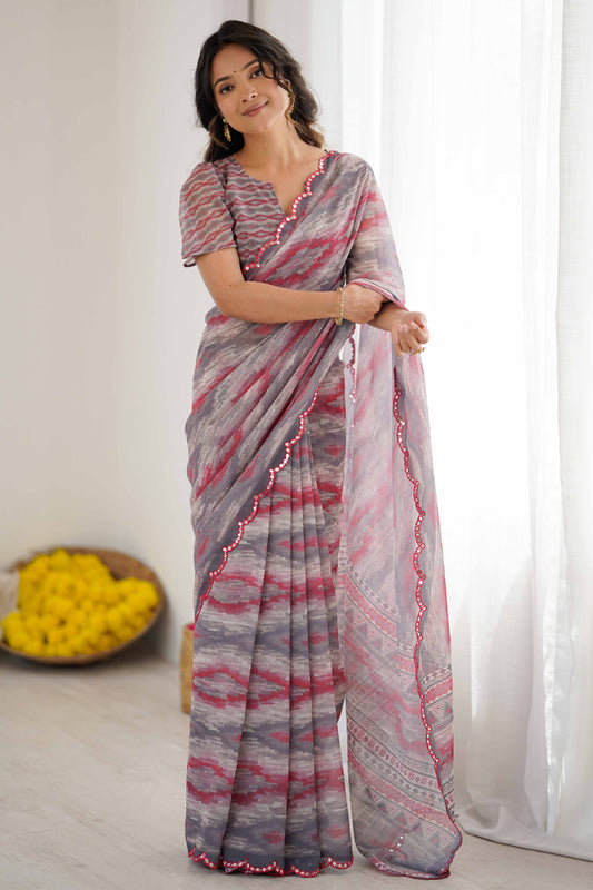 Brown & Rose Pink Printed Saree with Scalloped Embellished Border