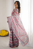 Brown & Rose Pink Printed Saree with Scalloped Embellished Border