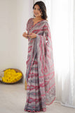 Brown & Rose Pink Printed Saree with Scalloped Embellished Border