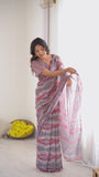 Brown & Rose Pink Printed Saree with Scalloped Embellished Border