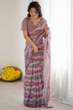 Brown & Rose Pink Printed Saree with Scalloped Embellished Border