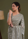 Gray Pleated Georgette Saree with Subtle Golden Zigzag Pattern Minimalist Partywear Saree
