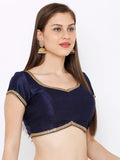 Navy Blue Embellished V-Neck Readymade Saree Blouse (Short Sleeve)