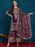 Plum Floral Embroidered Kurta Palazzo Set with Dupatta