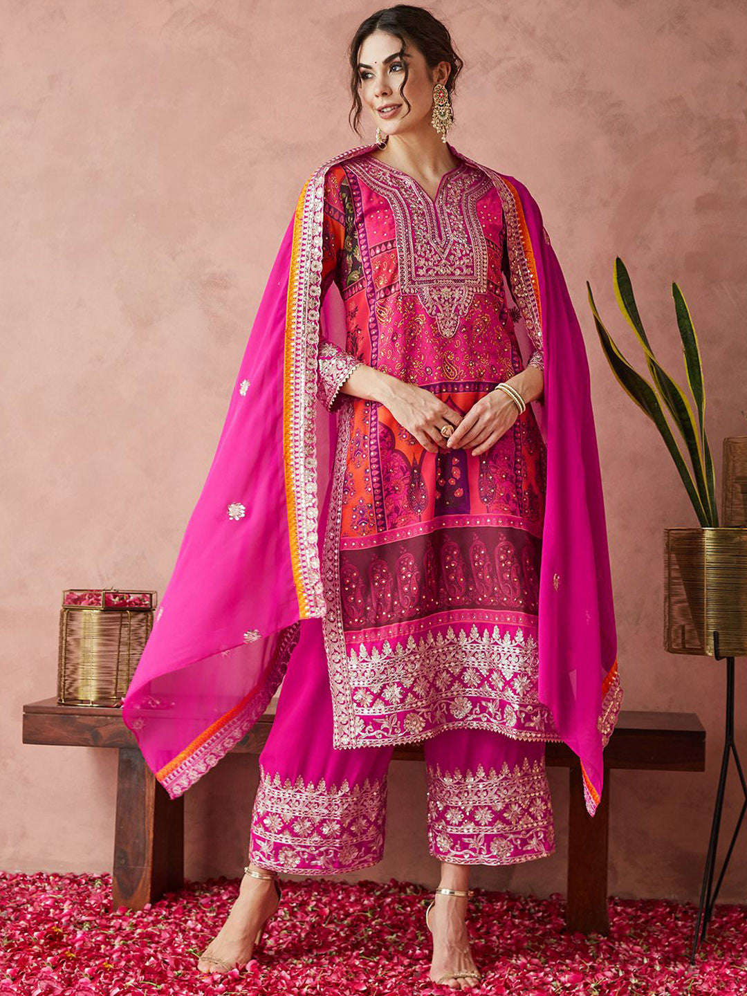 Pink Embroidered Kurta Palazzo Set with Dupatta