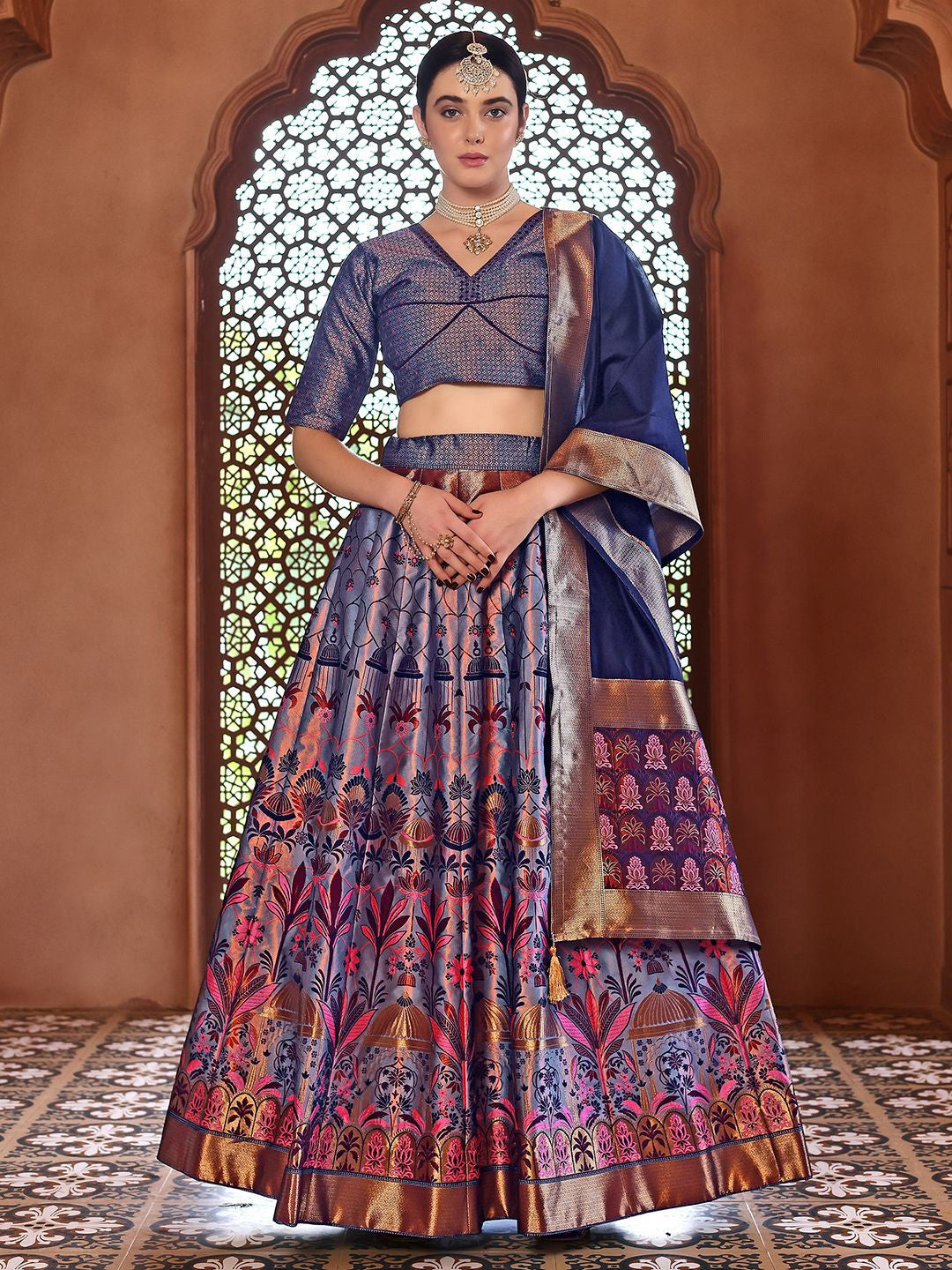 Royal Blue and Silver Brocade Lehenga with Designer Blouse & Navy Dupatta