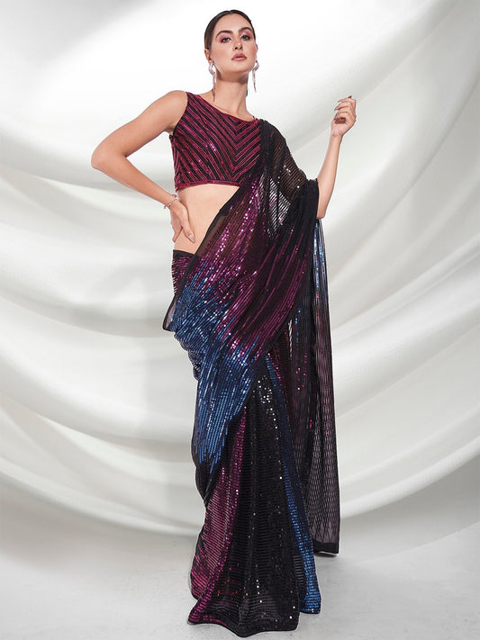 Galaxy Gleam Sequin Saree – Dual-Tone Pink & Blue with Black Sheer Pallu