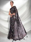 Black Sequin Striped Party Wear Saree Glamorous Evening Look