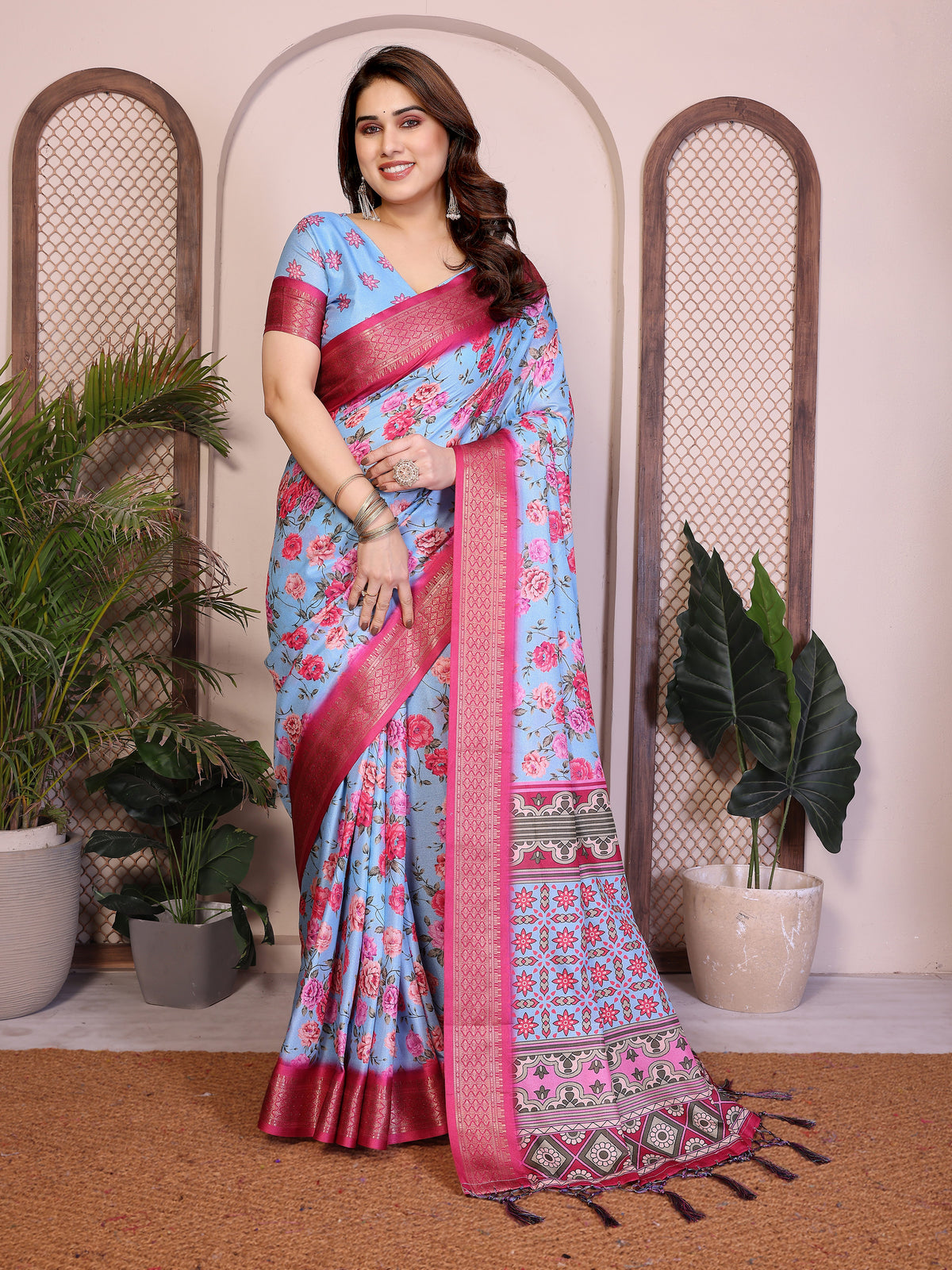 Sky Blue Floral Printed Saree with Pink Zari Border & Designer Pallu