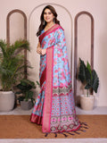 Sky Blue Floral Printed Saree with Pink Zari Border & Designer Pallu