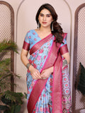 Sky Blue Floral Printed Saree with Pink Zari Border & Designer Pallu