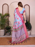 Sky Blue Floral Printed Saree with Pink Zari Border & Designer Pallu
