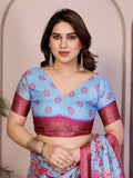 Sky Blue Floral Printed Saree with Pink Zari Border & Designer Pallu